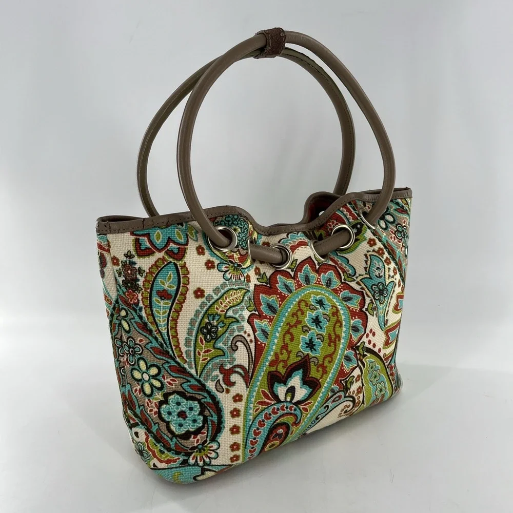 Retired Spartina 449 Bag Hobo Boho Beach Bucket‎ Drawstring Tote Linen & Leather